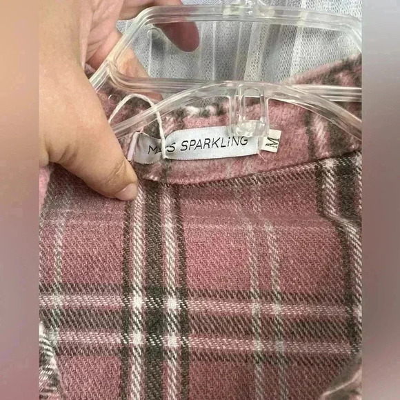 Miss Sparkling Button Down Pink White Plaid Silver Buttons Shirt Shacket Women M - Picture 6 of 13